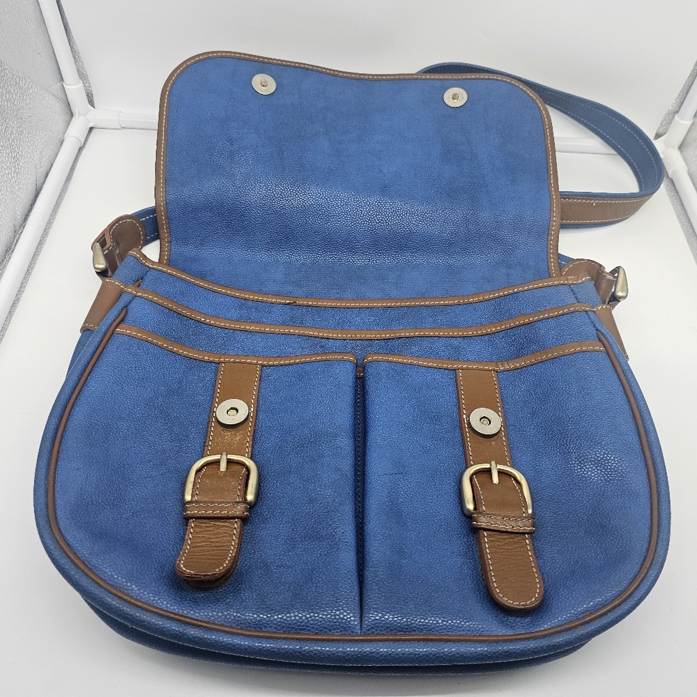 LANCEL Vintage Blue Coated Textured Leather Tan Cartable Messenger Crossbody Bag - Picture 13 of 17